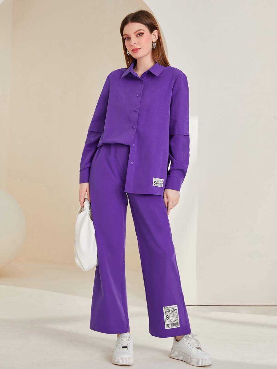 Mulvari Bộ đồ hai mảnh nữ Nút phía trước Đắp vá Lá thư Giải trí - Màu tím - Xem 1