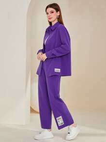 Mulvari Bộ đồ hai mảnh nữ Nút phía trước Đắp vá Lá thư Giải trí - Màu tím - Xem 3