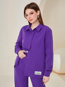 Mulvari Bộ đồ hai mảnh nữ Nút phía trước Đắp vá Lá thư Giải trí - Màu tím - Xem 4