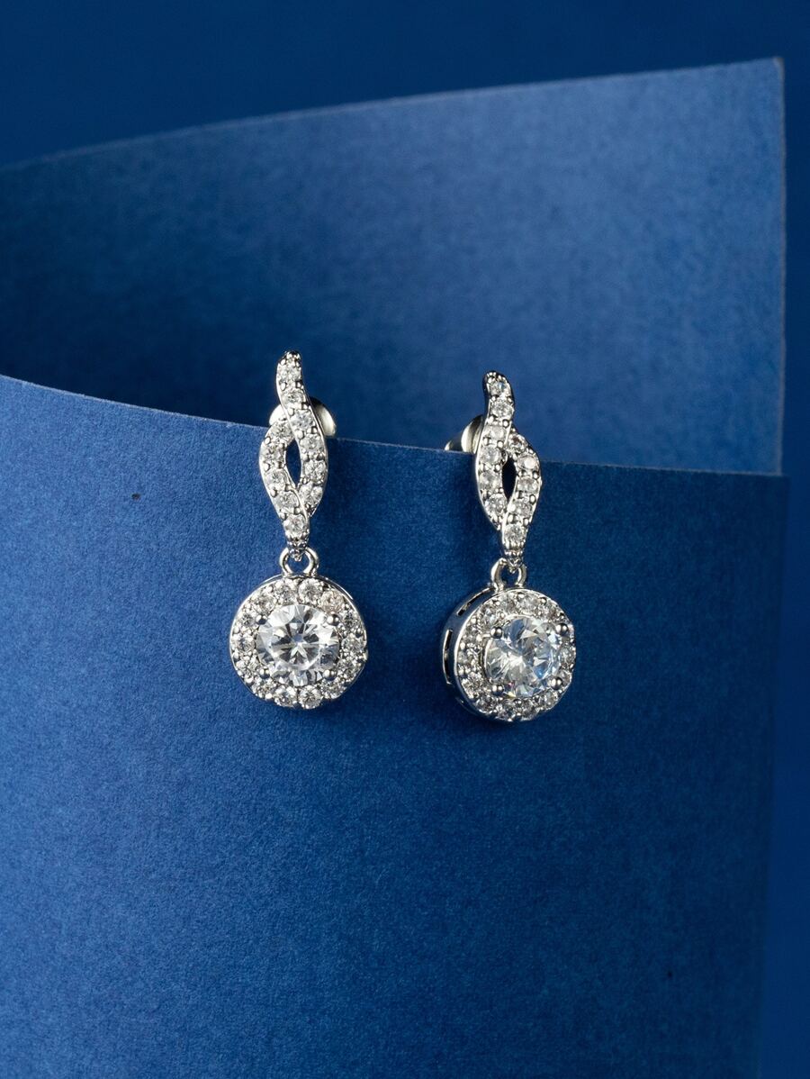 Cubic Zirconia Decor Drop Earrings - Silver - View 1