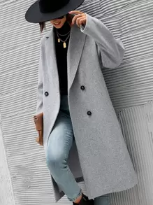 SHEIN LUNE Lapel Neck Double Breasted Overcoat - Light Grey - View 1