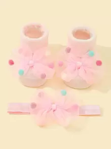 1pc Baby Bow Decor Hairband & 1pair Socks Love Valentine - Pink - View 1