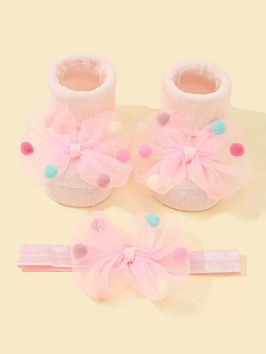 1pc Baby Bow Decor Hairband & 1pair Socks Love Valentine - Pink - View 1