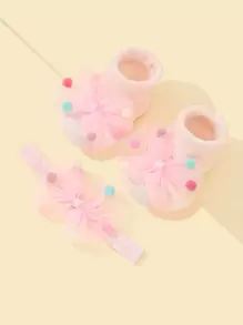 1pc Baby Bow Decor Hairband & 1pair Socks Love Valentine - Pink - View 2