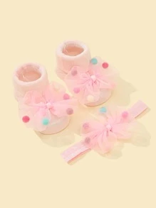 1pc Baby Bow Decor Hairband & 1pair Socks Love Valentine - Pink - View 3