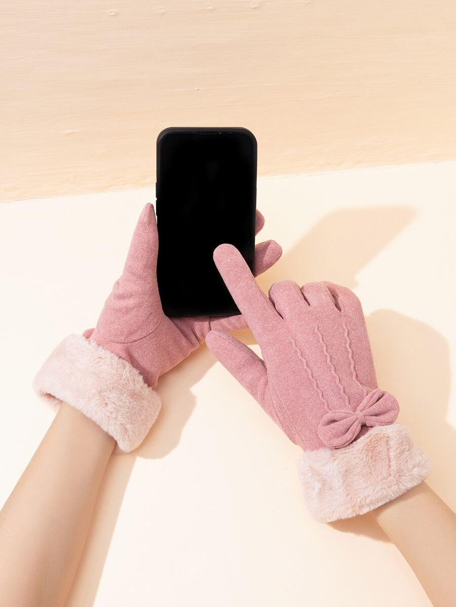 Bow Decor Fuzzy Touch Screen Gloves - Pink - View 1