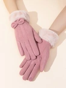 Bow Decor Fuzzy Touch Screen Gloves - Pink - View 2