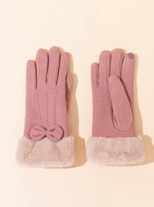 Bow Decor Fuzzy Touch Screen Gloves - Pink - View 3