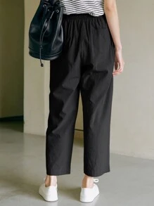 DAZY Elastic Waist Split Hem Cropped Trousers - Black - View 2