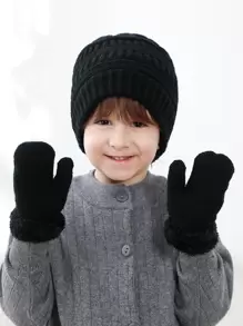2Pcs Toddler Kids Winter Hat And Gloves Set Knit Beanie Hat Thermal Lined Mittens For Boys Girls 0-3 Years - Black - View 1