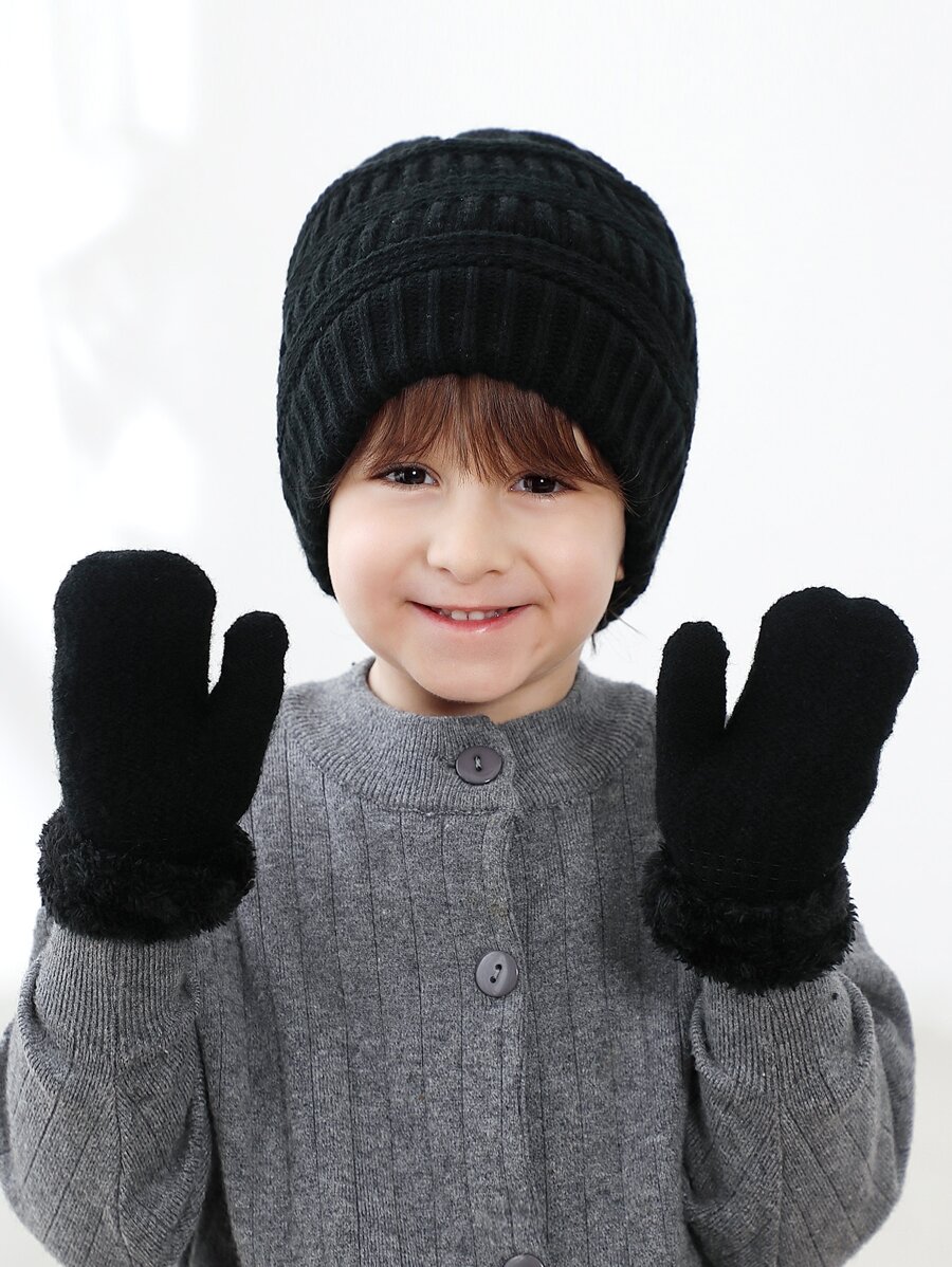 2Pcs Toddler Kids Winter Hat And Gloves Set Knit Beanie Hat Thermal Lined Mittens For Boys Girls 0-3 Years - Black - View 1