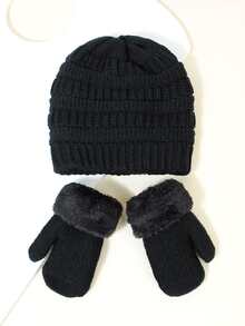 2Pcs Toddler Kids Winter Hat And Gloves Set Knit Beanie Hat Thermal Lined Mittens For Boys Girls 0-3 Years - Black - View 3