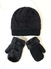 2Pcs Toddler Kids Winter Hat And Gloves Set Knit Beanie Hat Thermal Lined Mittens For Boys Girls 0-3 Years - Black - View 4