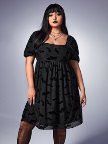 ROMWE Goth Plus Bat Print Square Neck Puff Sleeve Dress - Black - View 1