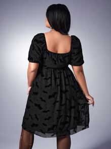 ROMWE Goth Plus Bat Print Square Neck Puff Sleeve Dress - Black - View 2