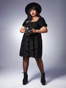 ROMWE Goth Plus Bat Print Square Neck Puff Sleeve Dress - Black - View 3