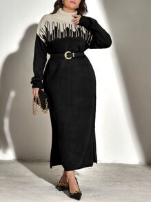 Modelyn Plus Two Tone Turtleneck Drop Shoulder Split Hem Jumper Dress Without Belt - Black - View 1
