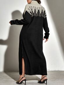 Modelyn Plus Two Tone Turtleneck Drop Shoulder Split Hem Jumper Dress Without Belt - Black - View 2
