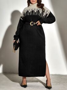 Modelyn Plus Two Tone Turtleneck Drop Shoulder Split Hem Jumper Dress Without Belt - Black - View 3