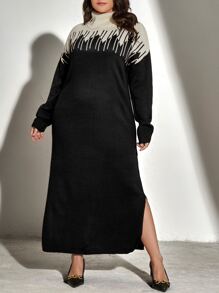 Modelyn Plus Two Tone Turtleneck Drop Shoulder Split Hem Jumper Dress Without Belt - Black - View 4