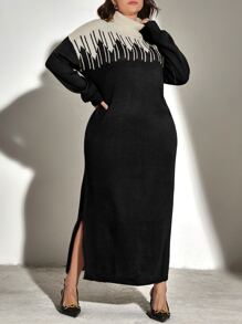 Modelyn Plus Two Tone Turtleneck Drop Shoulder Split Hem Jumper Dress Without Belt - Black - View 5