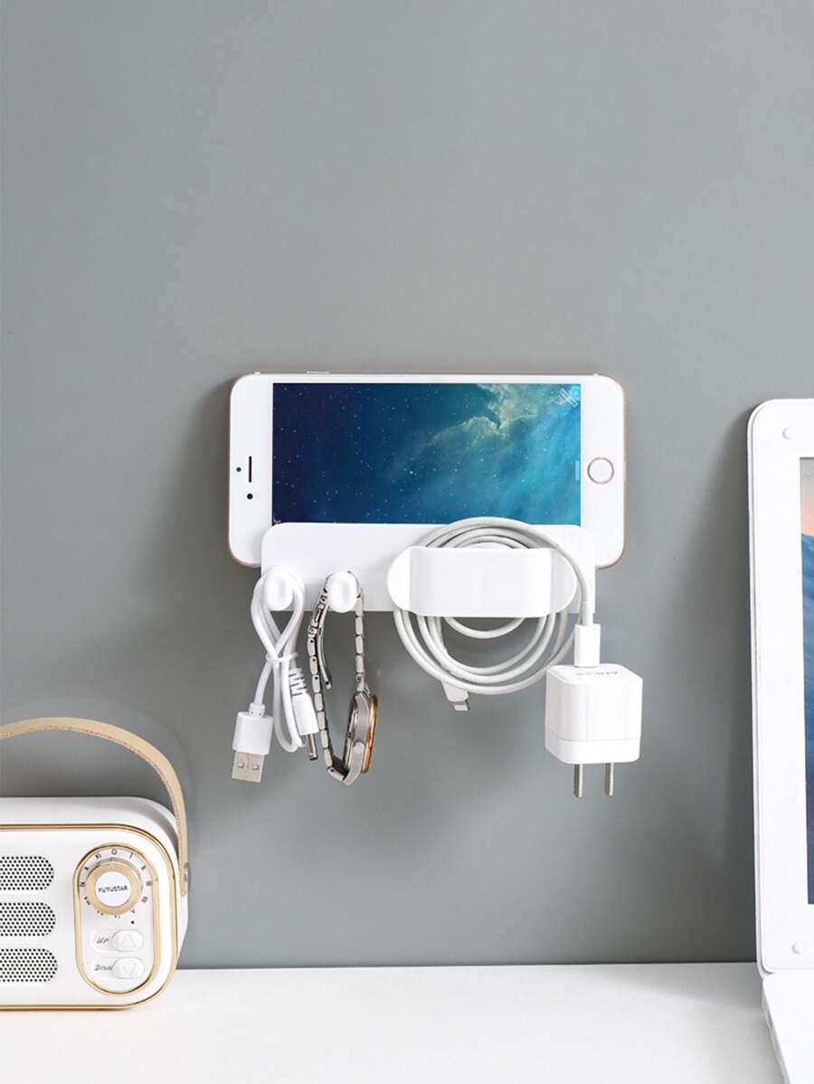 1pc Wall Mounted Multifunctional Storage Rack, Self Adhesive White PP Plug Holder For Home - White - View 1