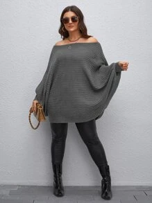 Calvaya Plus Off Shoulder Batwing Sleeve Jumper - Dark Grey - View 3