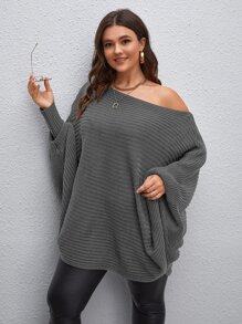 Calvaya Plus Off Shoulder Batwing Sleeve Jumper - Dark Grey - View 5