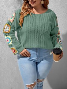 SHEIN LUNE Plus Floral Crochet Pointelle Knit Jumper - Mint Green - View 1