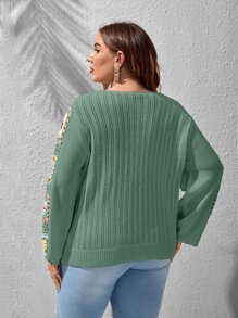 SHEIN LUNE Plus Floral Crochet Pointelle Knit Jumper - Mint Green - View 2