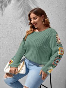 SHEIN LUNE Plus Floral Crochet Pointelle Knit Jumper - Mint Green - View 3
