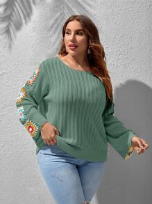 SHEIN LUNE Plus Floral Crochet Pointelle Knit Jumper - Mint Green - View 5