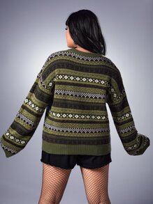 ROMWE Academia Áo len Plus Size Hình học Giải trí - màu xanh lá - Xem 2