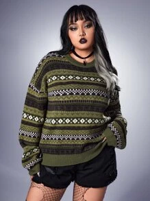 ROMWE Academia Áo len Plus Size Hình học Giải trí - màu xanh lá - Xem 3