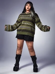 ROMWE Academia Áo len Plus Size Hình học Giải trí - màu xanh lá - Xem 4