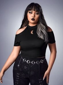 ROMWE Goth Plus Cold Shoulder Cut Out Crop Tee - Black - View 1
