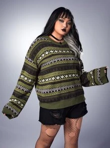 ROMWE Academia Áo len Plus Size Hình học Giải trí - màu xanh lá - Xem 5