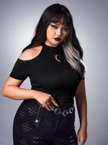 ROMWE Goth Plus Cold Shoulder Cut Out Crop Tee - Black - View 3