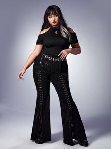 ROMWE Goth Plus Cold Shoulder Cut Out Crop Tee - Black - View 4