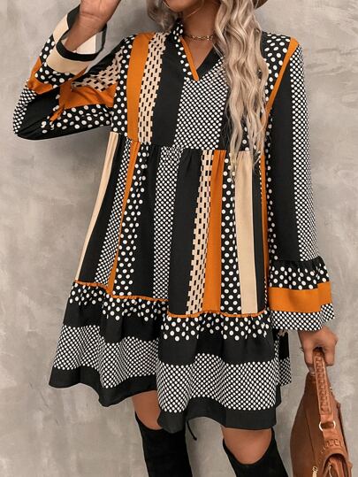 SHEIN LUNE Striped & Polka Dot Print Flounce Sleeve Ruffle Hem Smock Dress