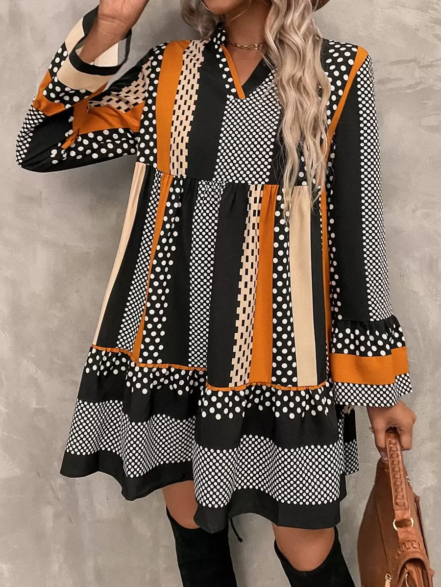 SHEIN LUNE Striped & Polka Dot Print Flounce Sleeve Ruffle Hem Smock Dress