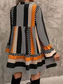 SHEIN LUNE Striped & Polka Dot Print Flounce Sleeve Ruffle Hem Smock Dress