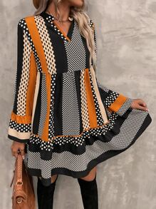 SHEIN LUNE Striped & Polka Dot Print Flounce Sleeve Ruffle Hem Smock Dress