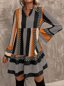 SHEIN LUNE Striped & Polka Dot Print Flounce Sleeve Ruffle Hem Smock Dress