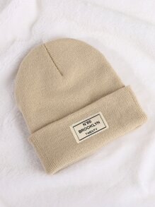 1 件儿童纯色多色户外休闲时尚布鲁克林字母设计舒适针织帽，适合所有季节 - 卡其色 - 查看 4