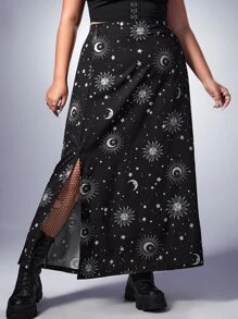 ROMWE Goth Plus Sun & Moon Print Split Hem Skirt - Black - View 1