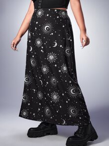 ROMWE Goth Plus Sun & Moon Print Split Hem Skirt - Black - View 3