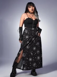 ROMWE Goth Plus Sun & Moon Print Split Hem Skirt - Black - View 5