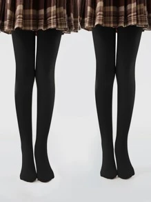 2雙小女童極簡風格素色褲襪 - 黑色 - 查看 1