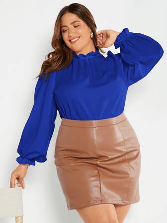 SHEIN Privé 大碼褶邊燈籠袖上衣